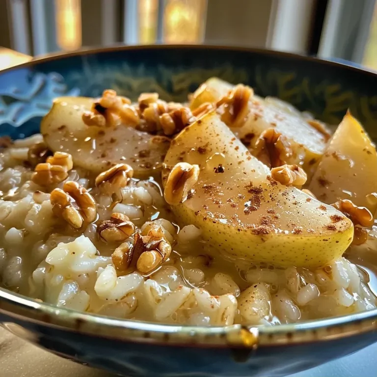 ['Close-up view of a warm rice dish topped with diced pears and walnuts.', 'Side view of a creamy rice dish with pears, drizzled in honey on a white plate.', 'Detailed photo of a pear rice dish featuring a soft texture and contrasting walnut pieces.', 'Warm dish containing rice, ripe pears, and a sprinkle of cinnamon, captured from the side.']