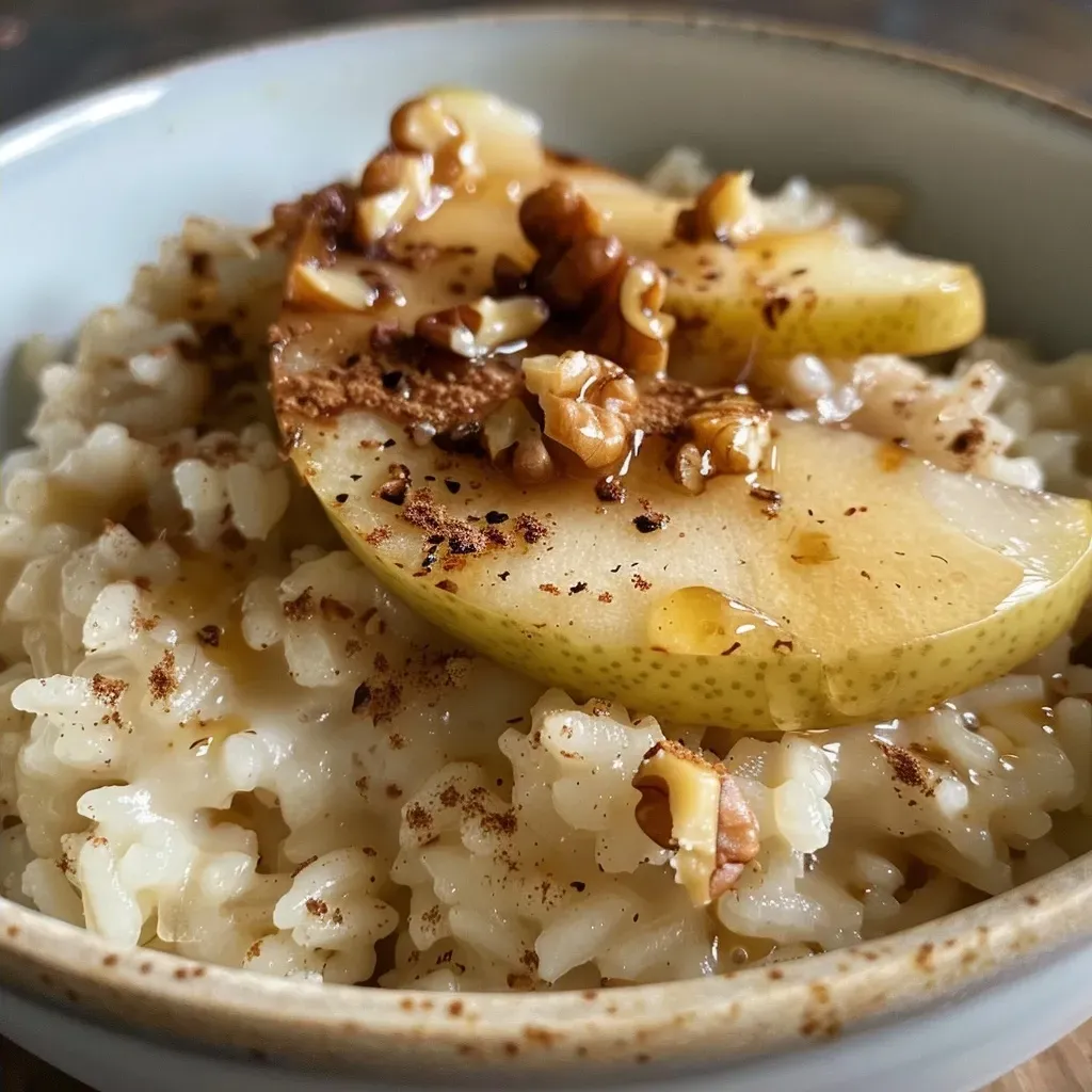 Close-up view of a warm rice dish topped with diced pears and walnuts.