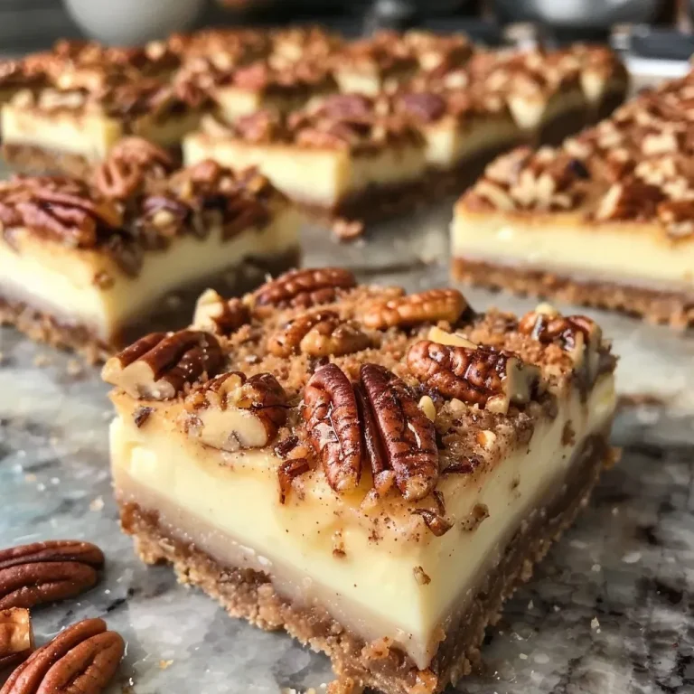 ['Close-up side view of freshly baked Pecan Cheesecake Bars with a crunchy topping.', 'Delicious Pecan Cheesecake Bars presented on a plate, showcasing layers of cream cheese and pecans.', 'Decadent Pecan Cheesecake Bars with a golden crust and nutty topping, viewed from the side.', 'Rich Pecan Cheesecake Bars displaying a creamy filling and surrounded by chopped pecans.']