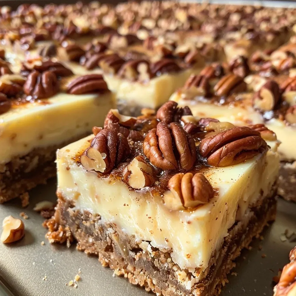['Close-up side view of freshly baked Pecan Cheesecake Bars with a crunchy topping.', 'Delicious Pecan Cheesecake Bars presented on a plate, showcasing layers of cream cheese and pecans.', 'Decadent Pecan Cheesecake Bars with a golden crust and nutty topping, viewed from the side.', 'Rich Pecan Cheesecake Bars displaying a creamy filling and surrounded by chopped pecans.']