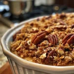 ['Close-up view of a pecan crumble topping with visible pecan pieces and brown sugar.', 'Side view of a richly textured pecan crumble topping in a dish, showcasing its ingredients.', 'Detailed photo of pecan crumble topping with glistening maple syrup and cinnamon dust.', 'Fresh pecan crumble topping featuring chopped pecans and a golden, crumbly texture.']