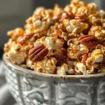 ['Close-up view of crunchy praline popcorn with pecans.', 'Side angle of caramel-coated praline popcorn featuring whole pecans.', 'Delicious-looking praline popcorn piled high with shiny glaze.', 'Tasty praline popcorn with a rich, golden caramel appearance.']