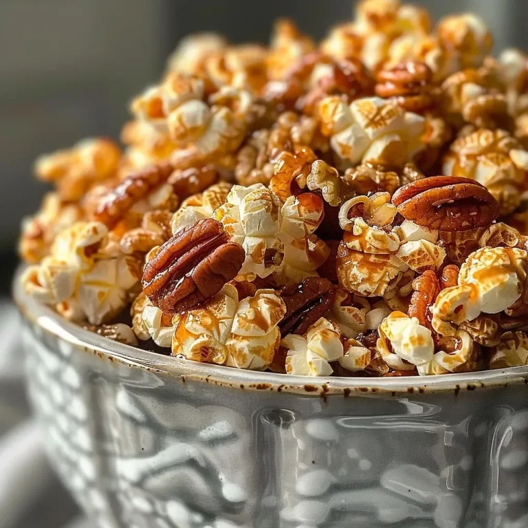 ['Close-up view of crunchy praline popcorn with pecans.', 'Side angle of caramel-coated praline popcorn featuring whole pecans.', 'Delicious-looking praline popcorn piled high with shiny glaze.', 'Tasty praline popcorn with a rich, golden caramel appearance.']