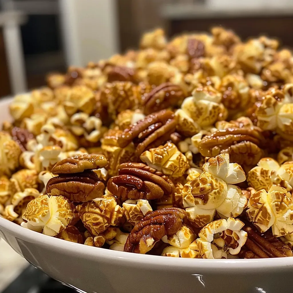 ['Close-up view of crunchy praline popcorn with pecans.', 'Side angle of caramel-coated praline popcorn featuring whole pecans.', 'Delicious-looking praline popcorn piled high with shiny glaze.', 'Tasty praline popcorn with a rich, golden caramel appearance.']