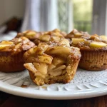 ['Close-up side view of a freshly baked protein apple muffin with visible apple chunks.', 'Juicy protein apple muffin showcasing diced apples and a golden-brown crust.', 'Side view of a moist protein muffin, highlighting the texture and apple pieces inside.', 'Detailed close-up of a protein apple muffin, emphasizing its fluffy interior and toppings.']