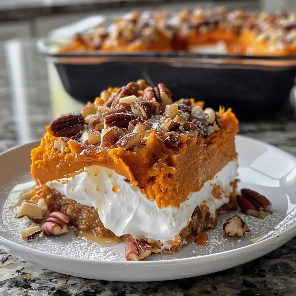 Close-up view of a warm, golden-brown baked sweet potato casserole topped with pecans and chocolate chips.