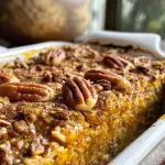 ['Close-up view of a serving of Pumpkin Baked Oatmeal showcasing a creamy texture and pecan topping.', 'Side view of Pumpkin Baked Oatmeal in a bowl, highlighting its rich pumpkin color and crunchy topping.', 'A detailed shot of Pumpkin Baked Oatmeal, featuring the golden hue and bits of toasted pecans.', 'Delicious Pumpkin Baked Oatmeal served in a dish, emphasizing its warm, inviting appearance.']
