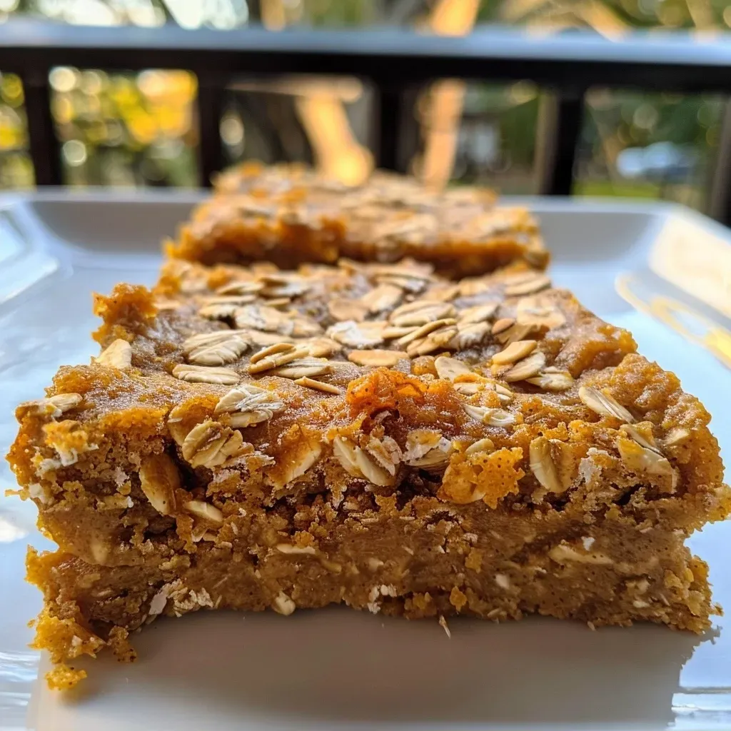 A close-up side view of a moist pumpkin bar, showcasing its rich texture.