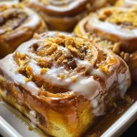 ['Close-up view of soft, glazed pumpkin chai cinnamon rolls with visible spices.', 'Side view of freshly baked pumpkin chai cinnamon rolls, topped with cream cheese frosting.', 'Juicy, fluffy pumpkin chai cinnamon rolls with a golden-brown crust and rich filling.', 'A delectable arrangement of pumpkin chai cinnamon rolls, showcasing their warm, inviting colors.']