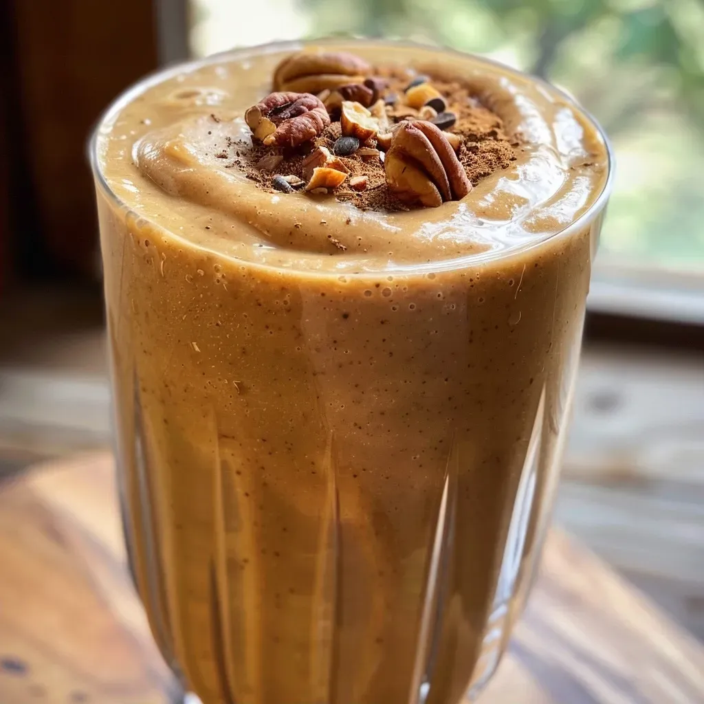Close-up of a creamy pumpkin chai smoothie in a glass, garnished with pecans.
