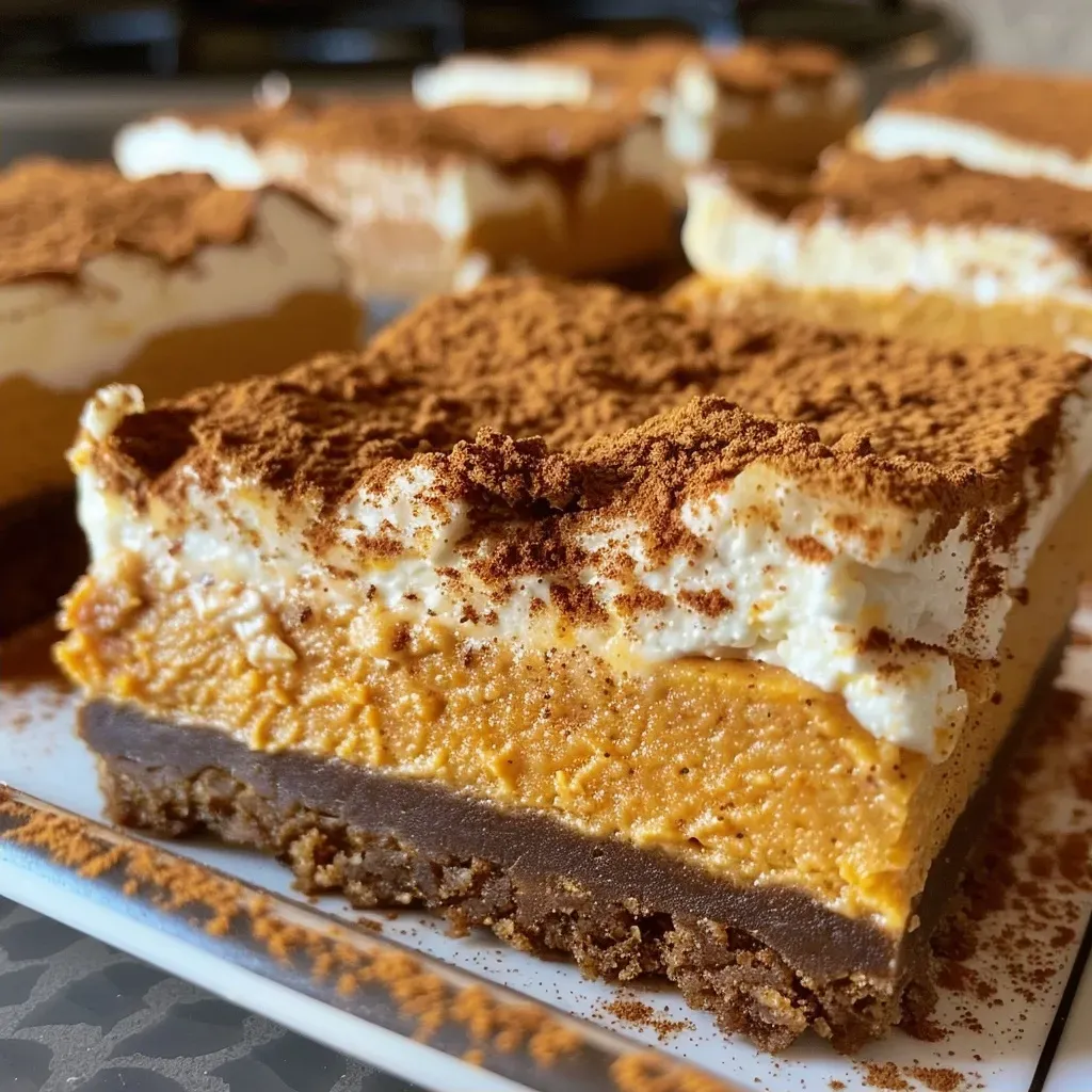 ['Side view of delectable pumpkin cheesecake bars with a crumbly gingersnap crust.', 'Close-up of creamy pumpkin cheesecake bars topped with a sprinkle of pumpkin pie spice.', 'Slice of pumpkin cheesecake bar showcasing a smooth filling and golden crust.', 'Rich pumpkin cheesecake bars displayed on a plate, highlighting their creamy texture.']