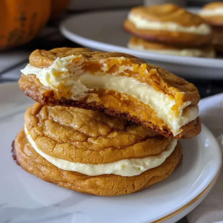 ['Close-up of a stack of pumpkin cheesecake cookies with a creamy filling.', 'Side view of freshly baked pumpkin cheesecake cookies with enticing texture.', 'Delicious pumpkin cheesecake cookies arranged on a plate, showcasing their color.', 'A mouthwatering display of pumpkin cheesecake cookies, highlighting their softness.']