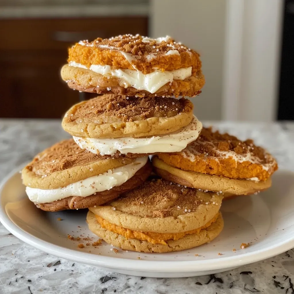 Close-up of a stack of pumpkin cheesecake cookies with a creamy filling.