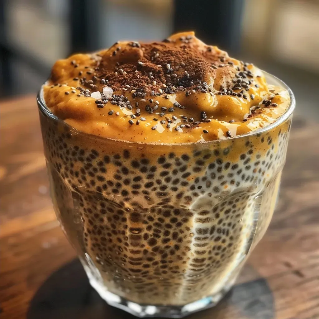Close-up view of a bowl of pumpkin chia pudding with a creamy texture.