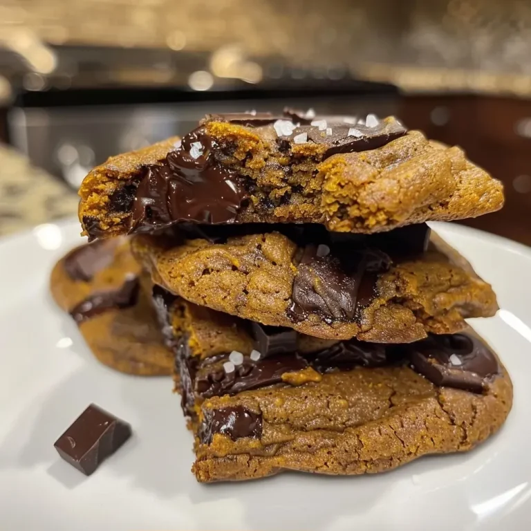 ['Close-up view of freshly baked pumpkin chocolate chunk cookies with melted chocolate pieces.', 'Side view of soft and chewy pumpkin chocolate chunk cookies, showing their texture and chocolate chunks.', 'Juicy pumpkin chocolate chunk cookies placed on a rustic wooden surface, highlighting their golden-brown color.', 'A pile of warm, gooey pumpkin chocolate chunk cookies with dark chocolate pieces glistening.']