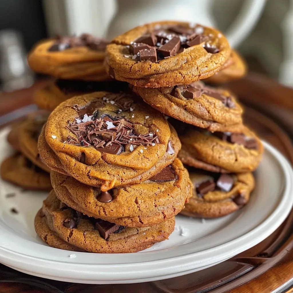 ['Close-up view of freshly baked pumpkin chocolate chunk cookies with melted chocolate pieces.', 'Side view of soft and chewy pumpkin chocolate chunk cookies, showing their texture and chocolate chunks.', 'Juicy pumpkin chocolate chunk cookies placed on a rustic wooden surface, highlighting their golden-brown color.', 'A pile of warm, gooey pumpkin chocolate chunk cookies with dark chocolate pieces glistening.']