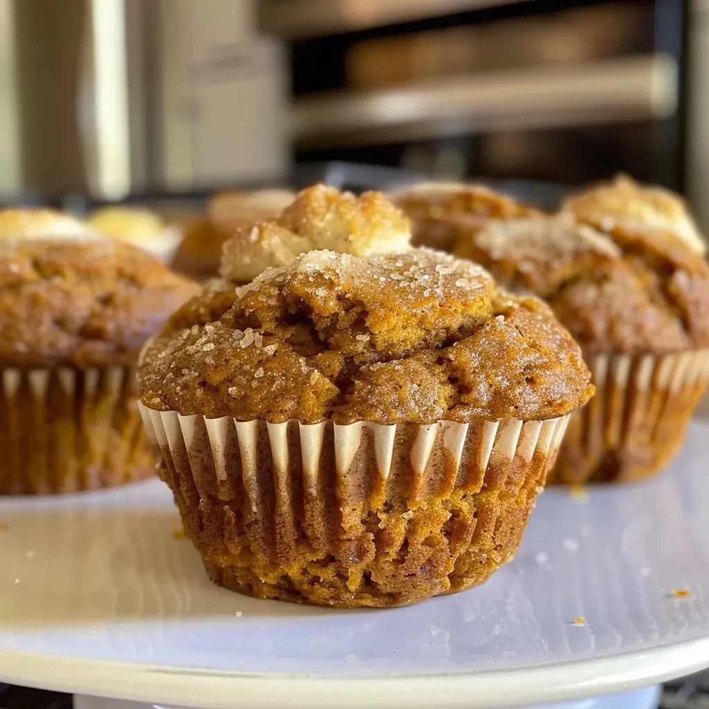 Close-up of a moist pumpkin cream cheese muffin with cream cheese filling peeking out.