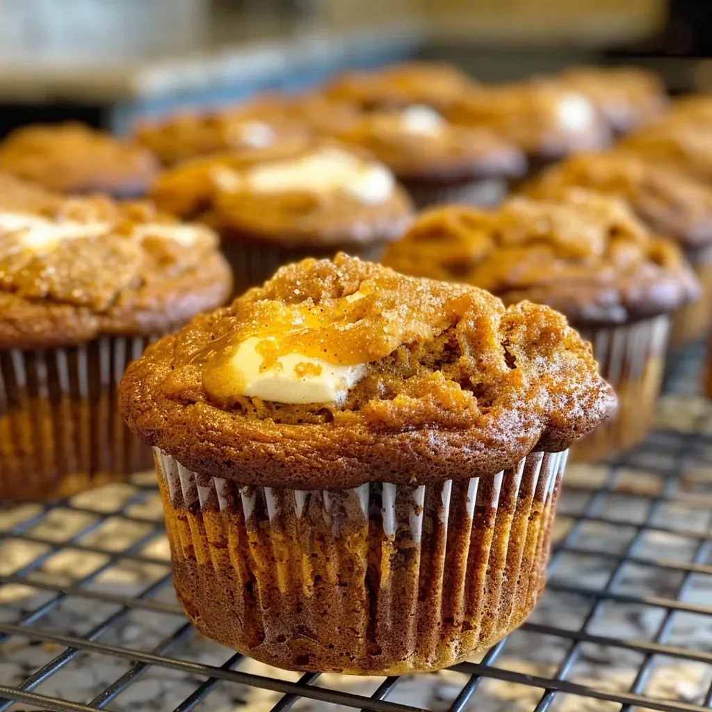 Close-up of a moist pumpkin cream cheese muffin with cream cheese filling peeking out.