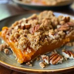['Close-up view of a golden-brown Pumpkin Crumble topped with toasted pecans.', 'Side view of a delicious Pumpkin Crumble with a crumbly topping and chai spice.', 'Juicy Pumpkin Crumble displayed with pecans, showcasing its rich texture.', 'Slice of Pumpkin Crumble captured in detail, revealing a moist interior and nutty topping.']