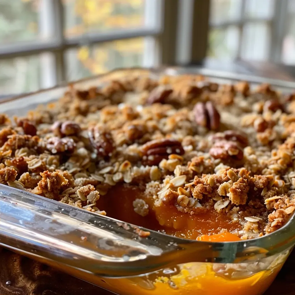 ['Close-up view of a golden-brown Pumpkin Crumble topped with toasted pecans.', 'Side view of a delicious Pumpkin Crumble with a crumbly topping and chai spice.', 'Juicy Pumpkin Crumble displayed with pecans, showcasing its rich texture.', 'Slice of Pumpkin Crumble captured in detail, revealing a moist interior and nutty topping.']