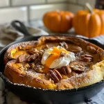 ['Close-up of a fluffy Pumpkin Dutch Baby with a golden-brown crust, topped with whipped cream and candied pecans.', 'Side view of a delicious Pumpkin Dutch Baby served in a ceramic dish, garnished with whipped cream and maple syrup.', 'Juicy Pumpkin Dutch Baby with a rich pumpkin color, served warm with a drizzle of maple syrup and nuts.', 'Savory Pumpkin Dutch Baby with a light and airy texture, showcasing its ingredients like pumpkin puree and spices.']