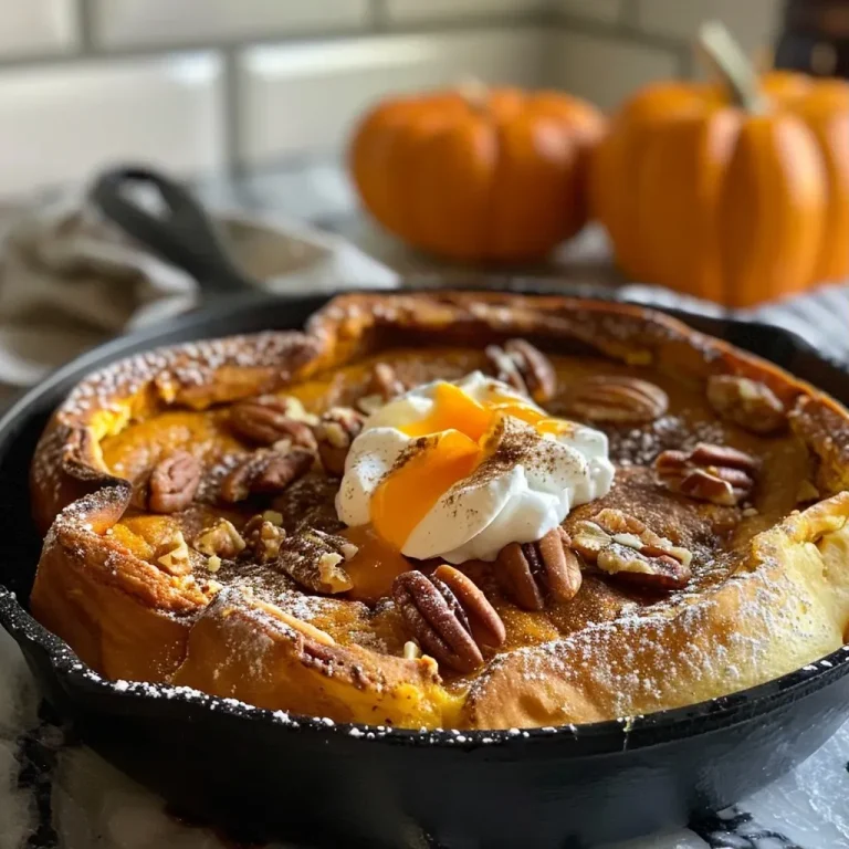 ['Close-up of a fluffy Pumpkin Dutch Baby with a golden-brown crust, topped with whipped cream and candied pecans.', 'Side view of a delicious Pumpkin Dutch Baby served in a ceramic dish, garnished with whipped cream and maple syrup.', 'Juicy Pumpkin Dutch Baby with a rich pumpkin color, served warm with a drizzle of maple syrup and nuts.', 'Savory Pumpkin Dutch Baby with a light and airy texture, showcasing its ingredients like pumpkin puree and spices.']