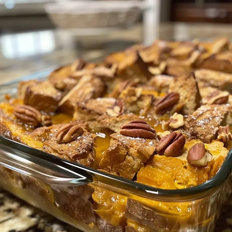 ['Close-up view of a Pumpkin French Toast Casserole with a golden-brown crust and visible pecans.', 'Side view of a deliciously baked Pumpkin French Toast Casserole, showcasing its fluffy texture and pumpkin color.', 'Detailed shot of a Pumpkin French Toast Casserole, featuring layers of bread and a sprinkle of pecans on top.', 'Close-up image of a slice of Pumpkin French Toast Casserole with a creamy custard filling and a crispy topping.']