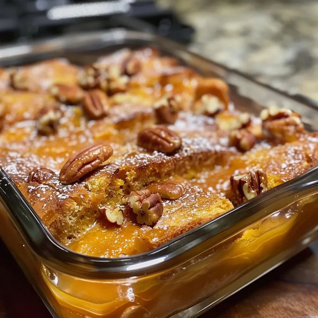 Close-up view of a Pumpkin French Toast Casserole with a golden-brown crust and visible pecans.