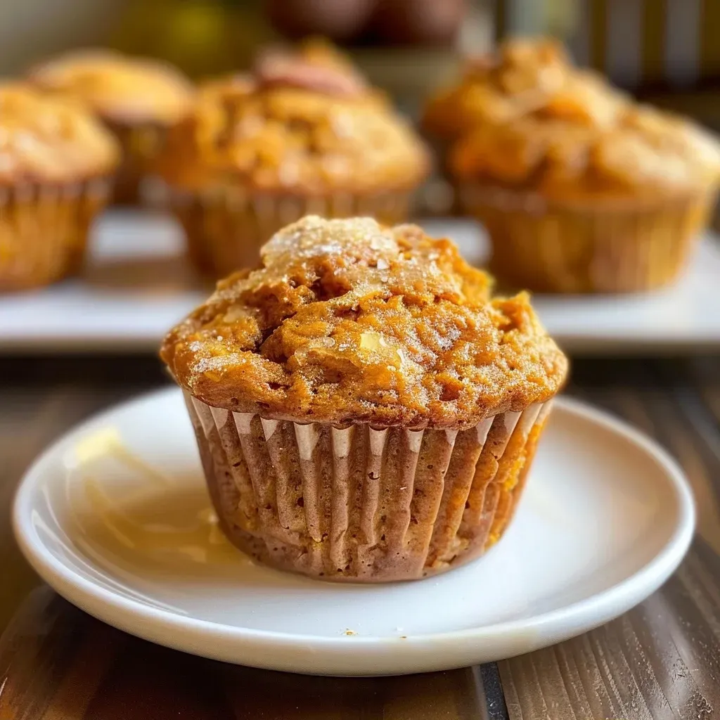 Close-up view of a moist pumpkin honey muffin with a golden brown crust and visible pecans.
