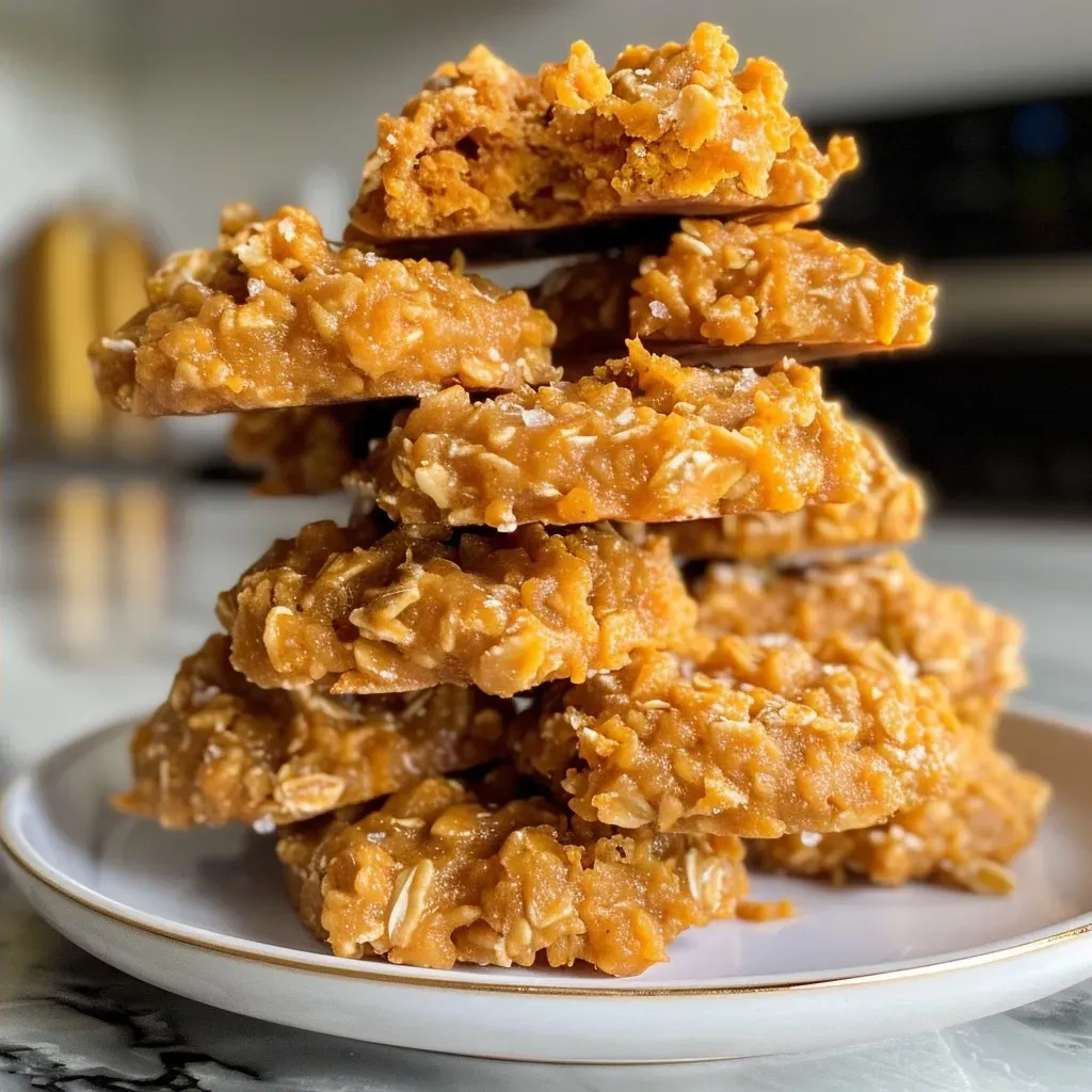 Close-up of golden-brown Pumpkin No Bake Cookies arranged on a plate.