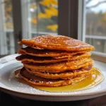 ['Close-up view of golden-brown pumpkin oatmeal pancakes stacked on a plate.', 'Side view of fluffy pumpkin oatmeal pancakes with a drizzle of syrup on top.', 'Juicy pumpkin oatmeal pancakes garnished with a sprinkle of cinnamon.', 'Textured oat flour pancakes featuring a rich orange color from pumpkin puree.']