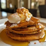 ['Close-up view of fluffy pumpkin pancakes drizzled with syrup.', 'Side view of golden brown pumpkin pancakes stacked on a plate.', 'Juicy pumpkin pancakes topped with a pat of melted vegan butter.', 'Deliciously layered pumpkin pancakes adorned with cinnamon and syrup.']