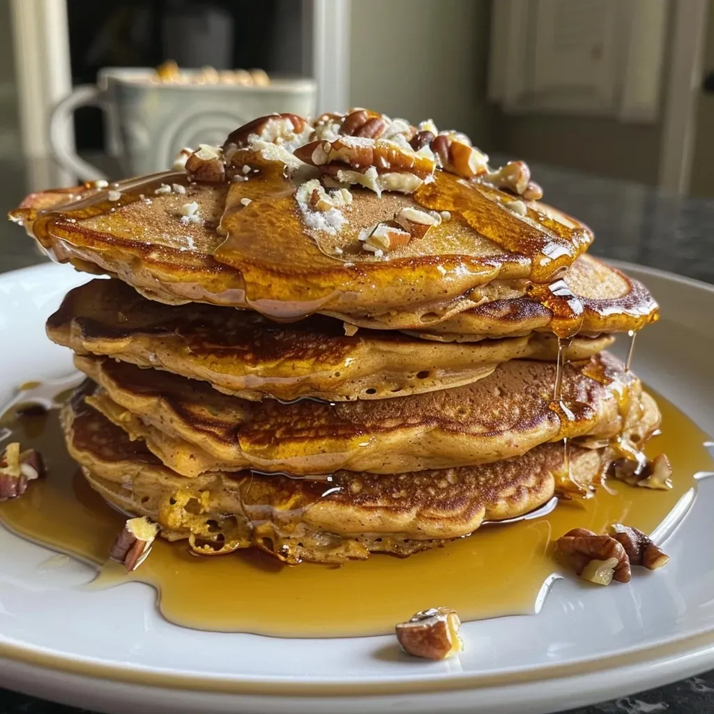 Close-up of fluffy pumpkin protein pancakes stacked on a plate.