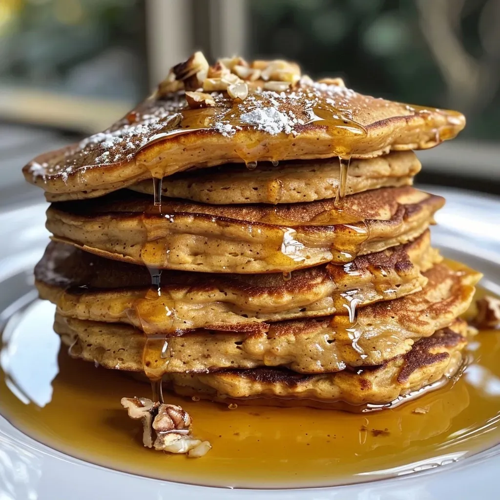 Close-up of fluffy pumpkin protein pancakes stacked on a plate.