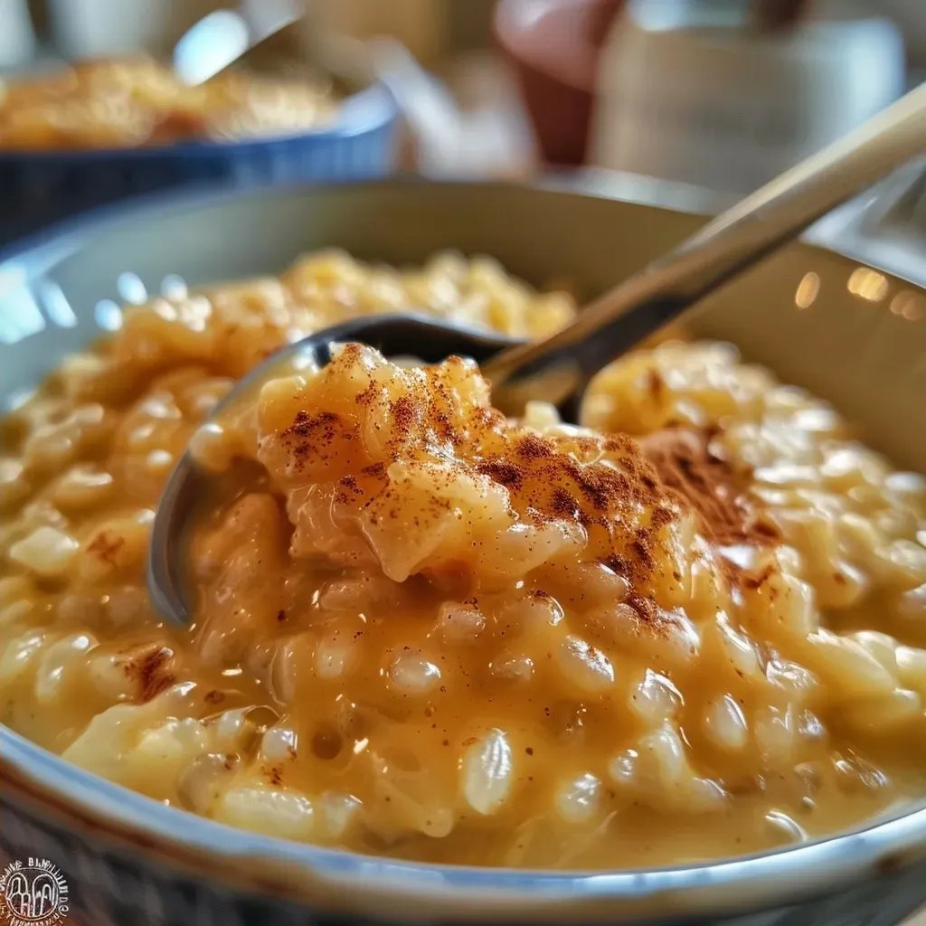 ['A close-up view of creamy vegan pumpkin rice pudding in a bowl.', 'A side angle of luscious pumpkin rice pudding garnished with spices.', 'A detailed shot featuring a spoonful of vegan pumpkin rice pudding.', 'A vibrant dish of pumpkin rice pudding with a smooth texture.']