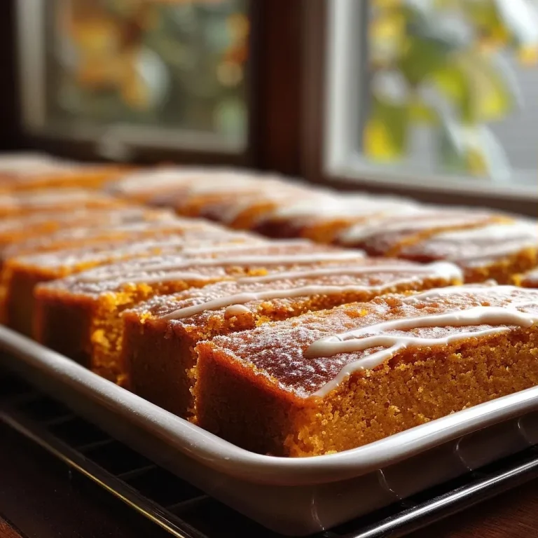 ['Side view of a moist pumpkin sheet cake with cream cheese frosting.', 'Close-up of a slice of pumpkin sheet cake topped with creamy frosting.', 'Delicious pumpkin sheet cake with a thick layer of cream cheese icing.', 'A beautifully frosted pumpkin sheet cake highlighting its spongy texture.']