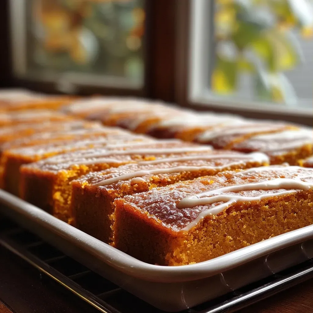 Side view of a moist pumpkin sheet cake with cream cheese frosting.