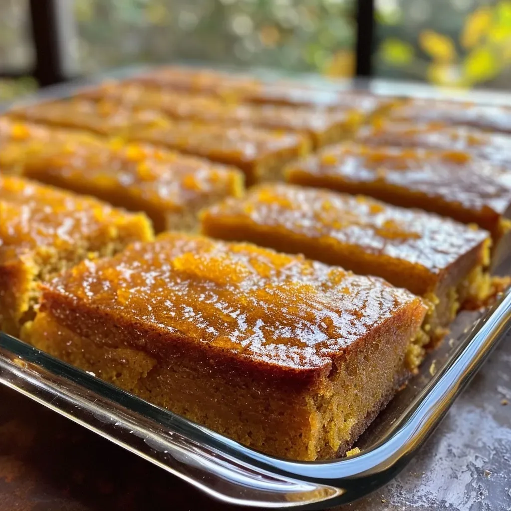 Side view of a moist pumpkin sheet cake with cream cheese frosting.
