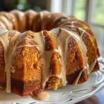 ['A moist Pumpkin Spice Bundt Cake on a white plate, showing its textured surface and rich orange color.', 'Close-up view of a Pumpkin Spice Bundt Cake with icing, showcasing the golden-brown crust and decorative bundt shape.', 'Side view of a freshly baked Pumpkin Spice Bundt Cake, highlighting its soft texture and appealing glaze.', 'A delicious Pumpkin Spice Bundt Cake on a wooden table, emphasizing its autumnal colors and intricate bundt design.']