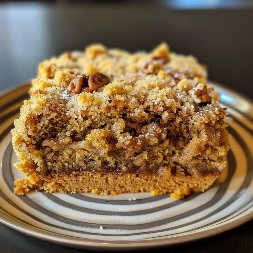 ['Close-up view of a slice of Pumpkin Spice Crumb Cake with visible crumbs and nuts.', 'Delicious looking Pumpkin Spice Crumb Cake slice on a plate, highlighting the crumbly topping.', 'Side view of a moist Pumpkin Spice Crumb Cake, showcasing its texture and color.', 'Tempting slice of Pumpkin Spice Crumb Cake with a crumb topping and spices sprinkled.']