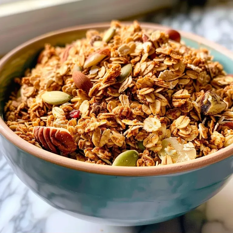 ['Close-up view of a bowl of Pumpkin Spice Granola with visible oats and spices.', 'Side profile of Pumpkin Spice Granola showing texture and colorful ingredients like seeds and fruits.', 'Detailed shot of Pumpkin Spice Granola with a focus on the oats and pumpkin puree.', 'Close-up of granola clusters featuring pumpkin, nuts, and spices.']