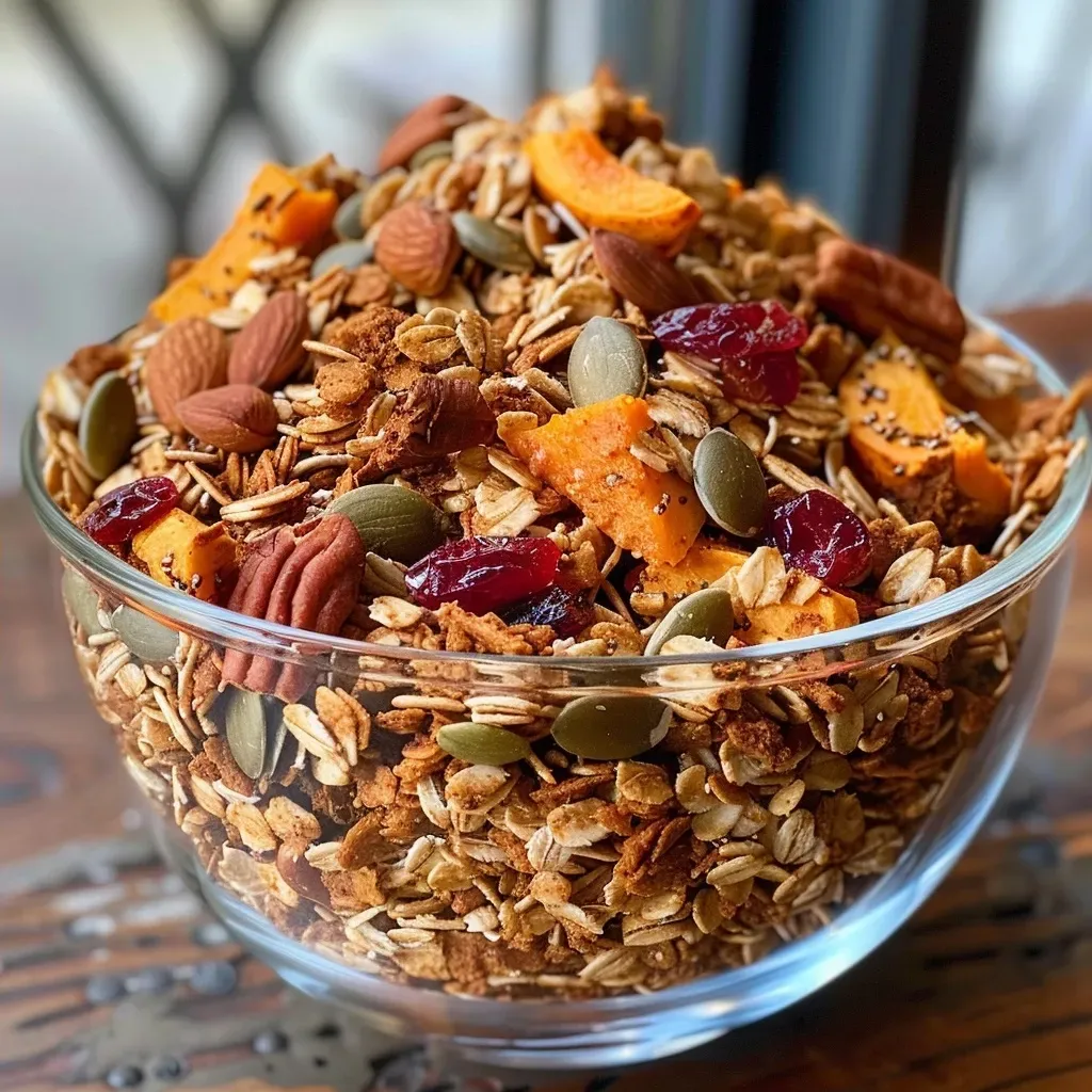 Close-up view of a bowl of Pumpkin Spice Granola with visible oats and spices.