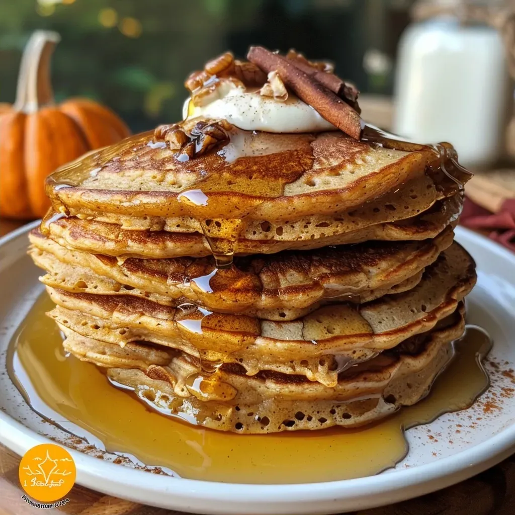 Golden-brown pumpkin spice pancakes stacked on a plate, with syrup drizzling on top.