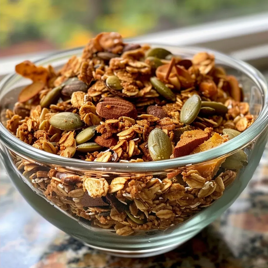['Close-up view of homemade Pumpkin Spice Protein Granola in a bowl.', 'Side angle of colorful Pumpkin Spice Protein Granola showcasing texture and ingredients.', 'Detailed shot of Pumpkin Spice Protein Granola with visible oats and pumpkin seeds.', 'Zoomed-in image of Pumpkin Spice Protein Granola highlighting its crunchy clusters.']