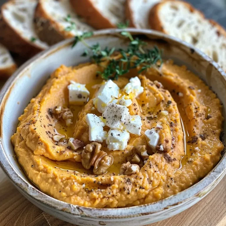 ['Creamy pumpkin whipped feta dip garnished with fresh thyme and walnuts.', 'Close-up of a vibrant orange pumpkin feta dip in a bowl, with toasted bread on the side.', 'Side view of pumpkin whipped feta dip featuring a smooth texture and toppings.', 'A serving of pumpkin feta dip with a rustic bread for dipping, accentuated with herbs.']
