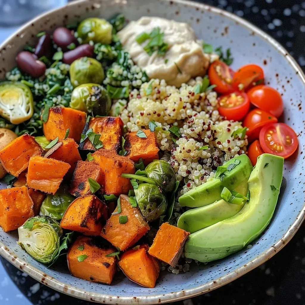 Close-up of a vibrant Quinoa Buddha Bowl featuring roasted sweet potatoes, Brussels sprouts, and cauliflower.
