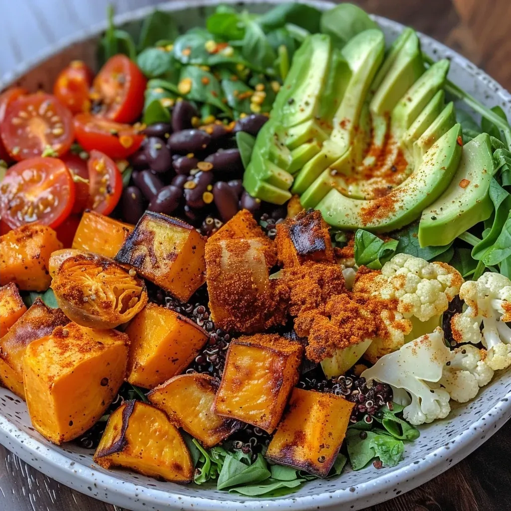 Close-up of a vibrant Quinoa Buddha Bowl featuring roasted sweet potatoes, Brussels sprouts, and cauliflower.
