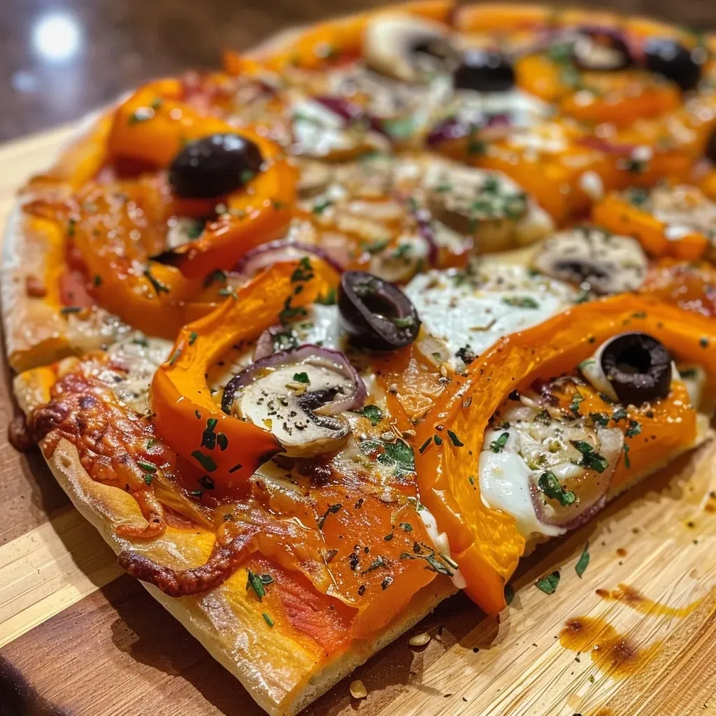 A close-up view of a slice of Roast Pumpkin Pizza, showcasing its golden crust and toppings.