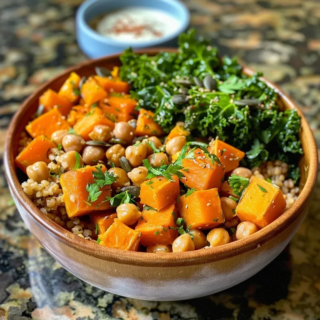 ['A colorful bowl of roasted butternut squash with grains and vegetables.', 'Close-up of a vibrant roasted butternut squash bowl topped with chickpeas and kale.', 'A delicious-looking roasted butternut squash bowl featuring brown rice and pumpkin seeds.', 'Side view of a nourishing roasted butternut squash bowl filled with fresh ingredients.']