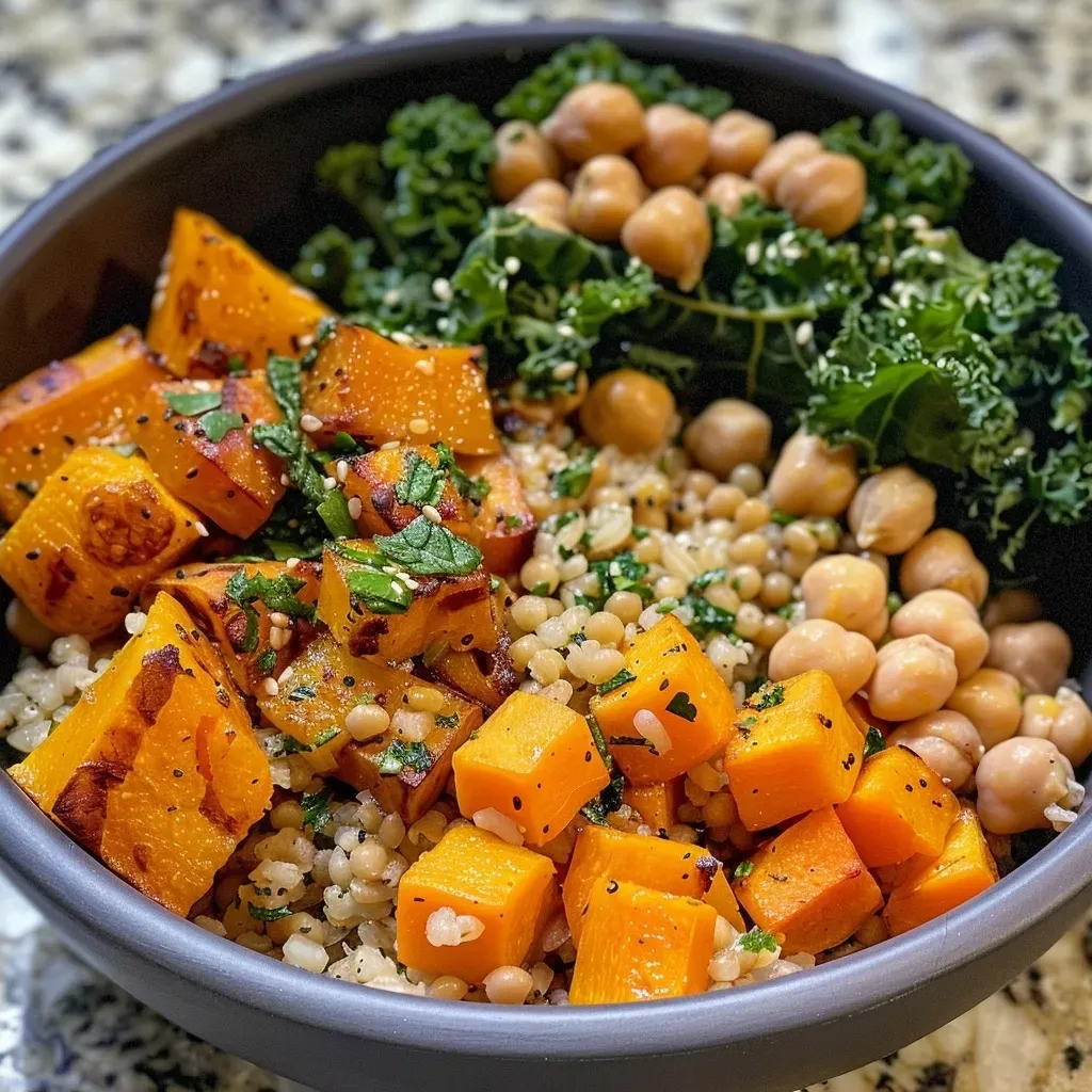 ['A colorful bowl of roasted butternut squash with grains and vegetables.', 'Close-up of a vibrant roasted butternut squash bowl topped with chickpeas and kale.', 'A delicious-looking roasted butternut squash bowl featuring brown rice and pumpkin seeds.', 'Side view of a nourishing roasted butternut squash bowl filled with fresh ingredients.']